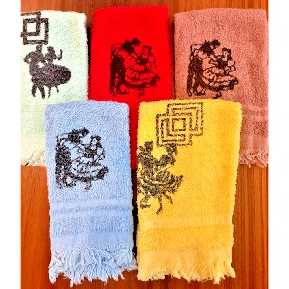 Vintage St Mary's Hand Small Towels 16x10 Set/5 Square Dance Western Fringe 70's